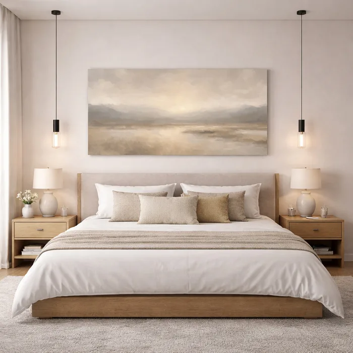 תמונת קנבס אבסטרקטית בגוונים טבעיים דגם ";Golden Mist";בעיצוב מינימליסטי יוקרתי