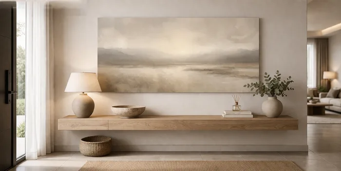 תמונת קנבס אבסטרקטית בגוונים טבעיים דגם ";Golden Mist";בעיצוב מינימליסטי יוקרתי