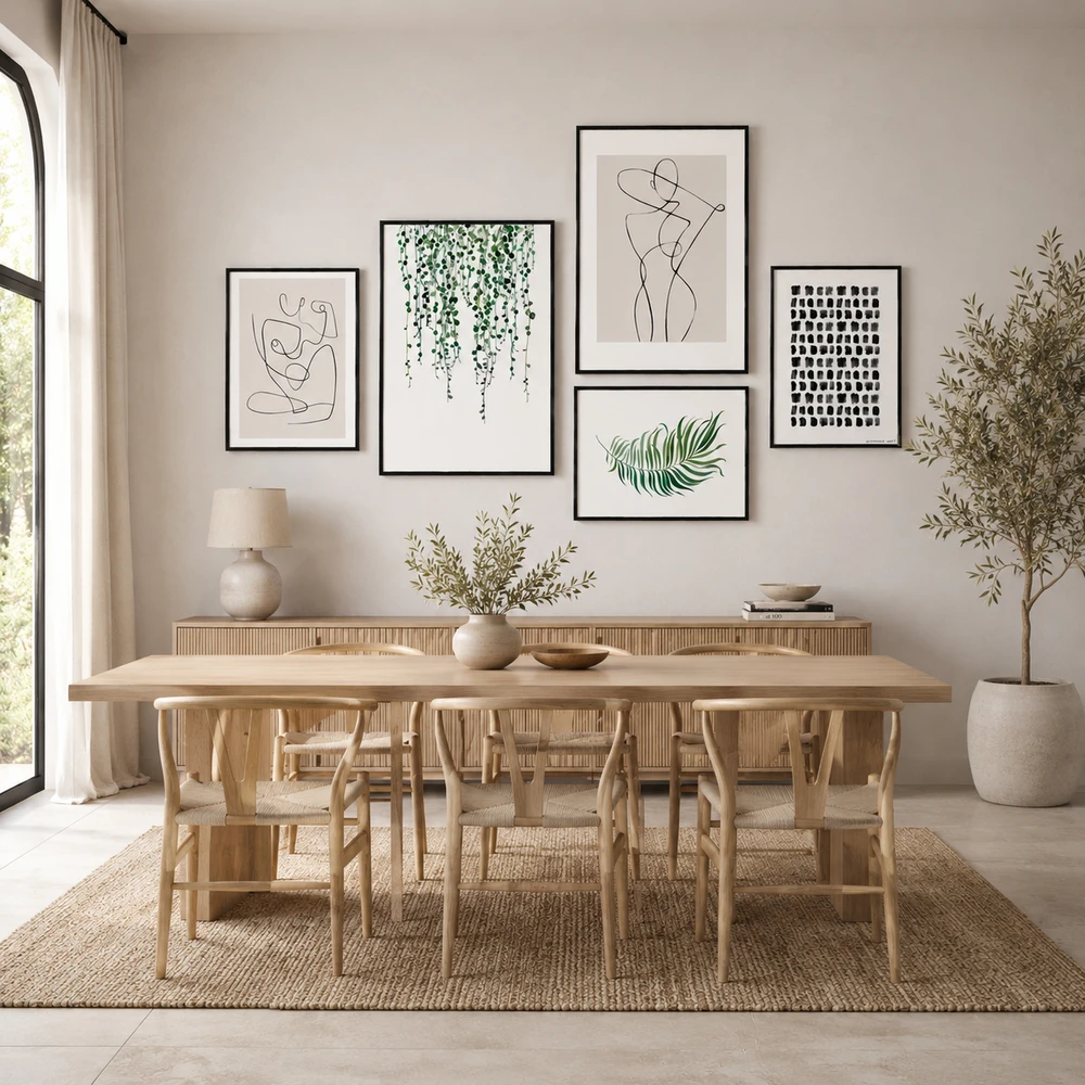קיר גלריה מודרני בשחור לבן וירוק | סט 5 תמונות - BOTANIC LINES