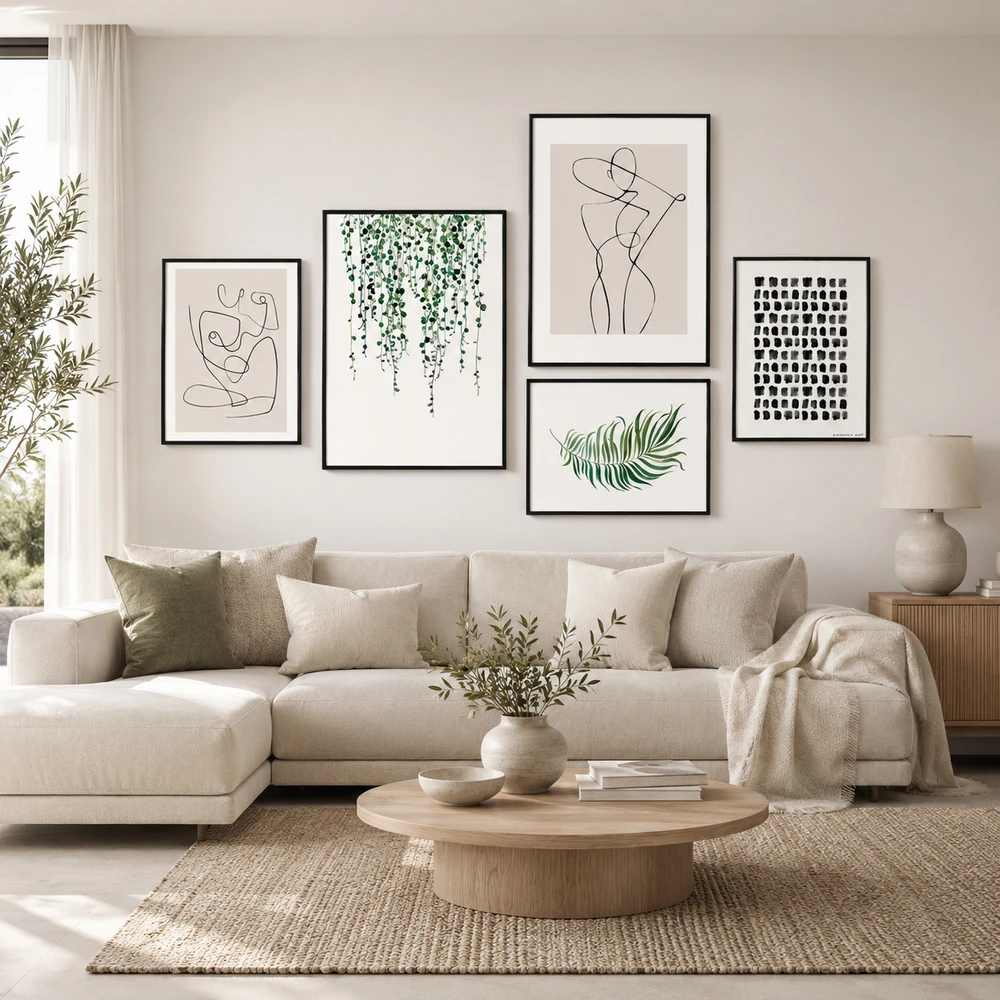 קיר גלריה מודרני בשחור לבן וירוק | סט 5 תמונות - BOTANIC LINES