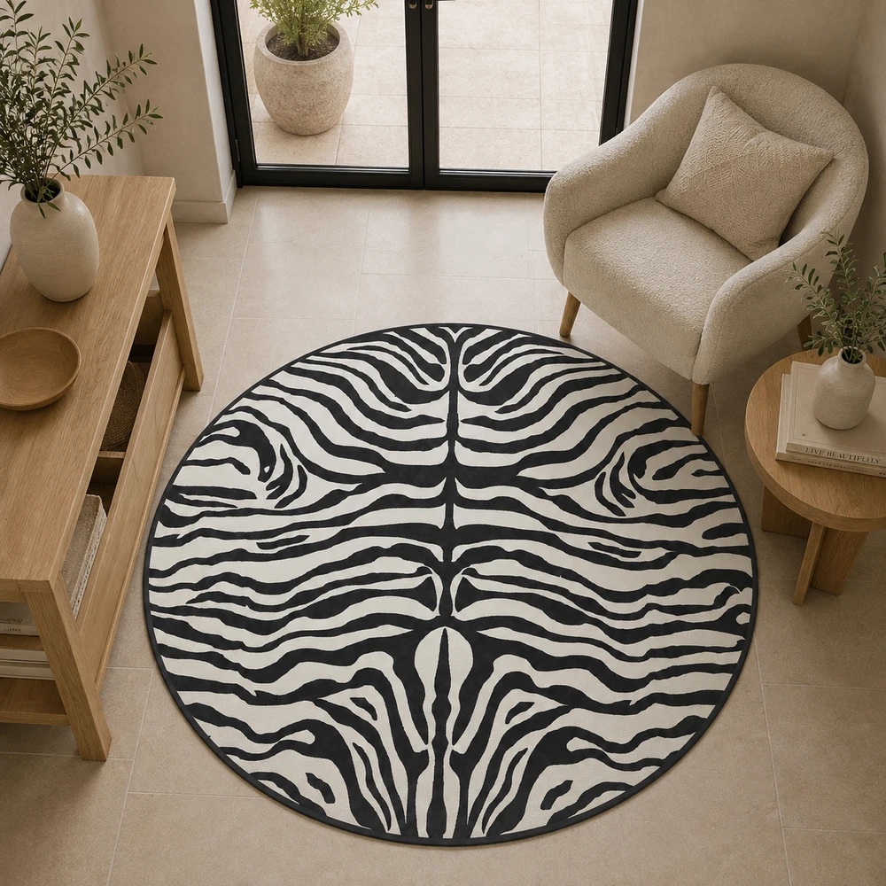 שטיח PVC עגול זברה שחור שמנת | שטיח ויניל מעוצב - Black & Cream zebra pattern