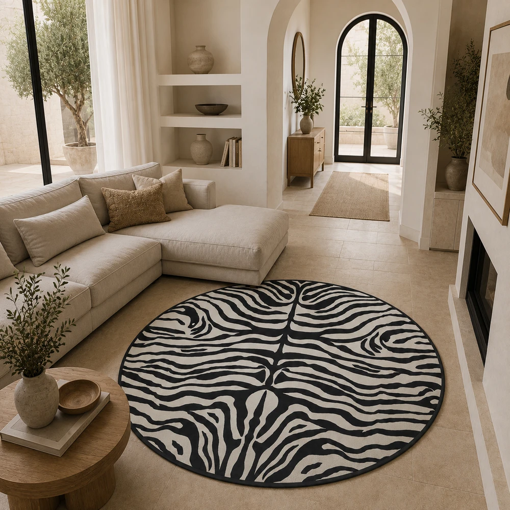 שטיח PVC עגול זברה שחור שמנת | שטיח ויניל מעוצב - Black & Cream zebra pattern