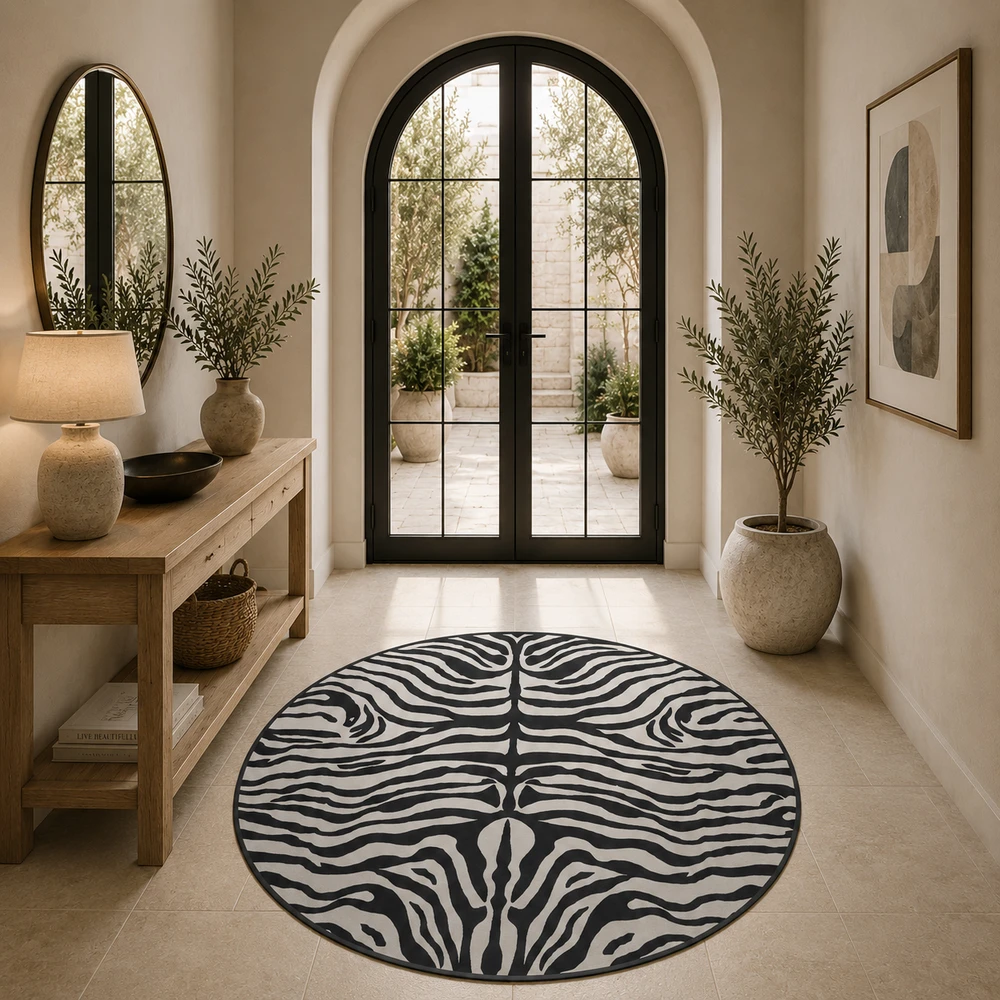 שטיח PVC עגול זברה שחור שמנת | שטיח ויניל מעוצב - Black & Cream zebra pattern