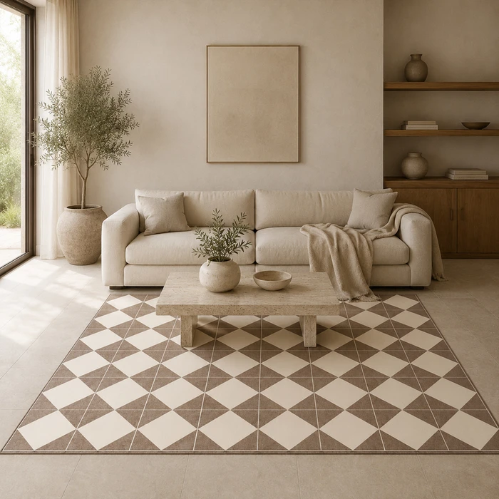 שטיח PVC מעוצב דגם ";Harmony Milan";| שטיח ויניל דמוי אריחים בגווני בז'; ושמנת