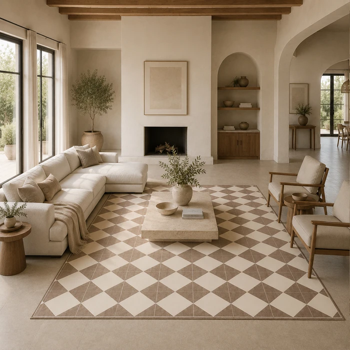 שטיח PVC מעוצב דגם ";Harmony Milan";| שטיח ויניל דמוי אריחים בגווני בז'; ושמנת