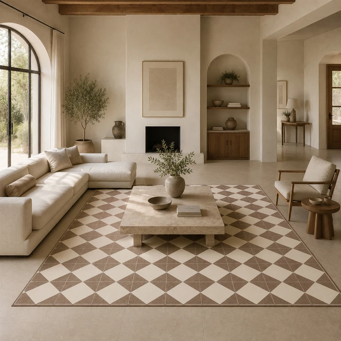 שטיח PVC מעוצב דגם ";Harmony Milan";| שטיח ויניל דמוי אריחים בגווני בז'; ושמנת