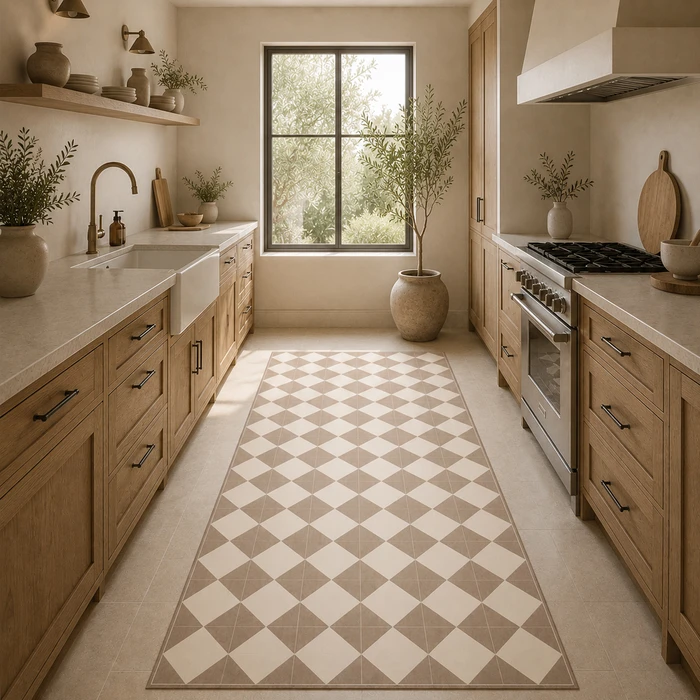 שטיח PVC מעוצב דגם ";Harmony Milan";| שטיח ויניל דמוי אריחים בגווני בז'; ושמנת