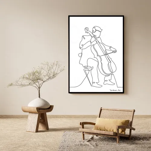 תמונה לבית ולמשרד - איור של נגן צ'לו - One Line Art