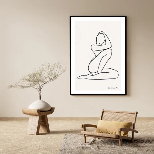 תמונה לסלון - איור של אשה יושבת - Line Art woman