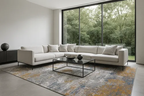 שטיח פי וי סי “Urban Mist” – מראה בטון אבסטרקטי בגווני אפור, כחול וזהב