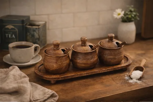 סט 3 קופסאות עץ עם מגש – לקפה, תה, סוכר