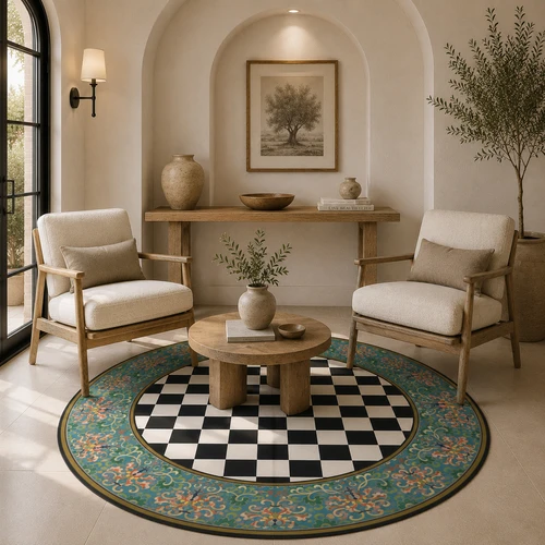 שטיח פי וי סי עגול - דגם Chess pattern & Moroccan tiles