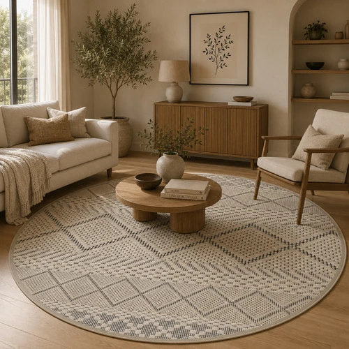 שטיח פי וי סי עגול דמוי חבל בהיר- דגם Natural rope design
