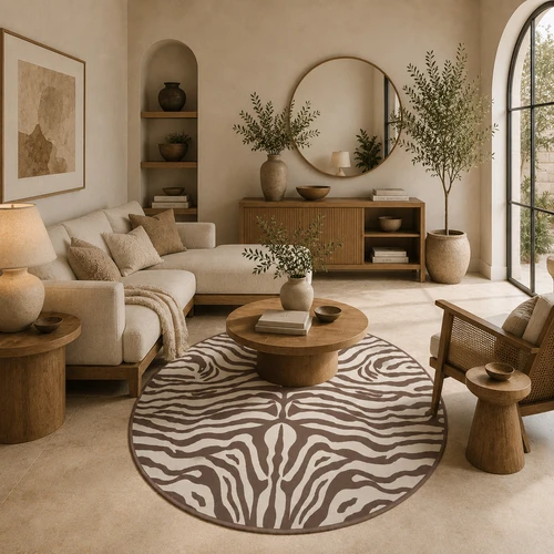 שטיח PVC עגול  זברה חום שמנת | שטיח ויניל מעוצב - Brown & Cream zebra pattern