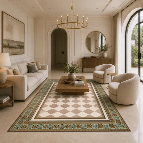 שטיח PVC מעוצב דגם "Harmony Venice"| שטיח ויניל דמוי אריחים בגווני בז' עם מסגרת מעוטרת