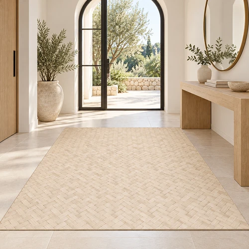 שטיח PVC דגם "RATTAN SAND" – שטיח ויניל במראה ראטן טבעי בגוון בהיר