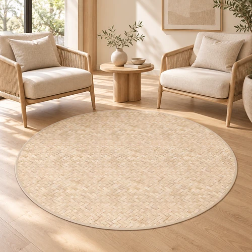 שטיח PVC עגול דגם "RATTAN SAND" – שטיח ויניל במראה ראטן טבעי בגוון בהיר