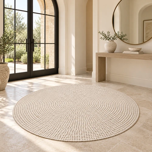 שטיח PVC עגול דגם "NORDIC PEBBLE" – שטיח ויניל בגוון שמנת, עיצוב נורדי יוקרתי